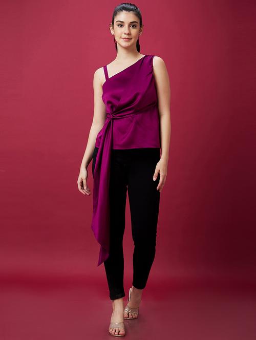 globus women wine strappy one shoulder waist tie-up party top - 21237879 -  Standard Image - 0