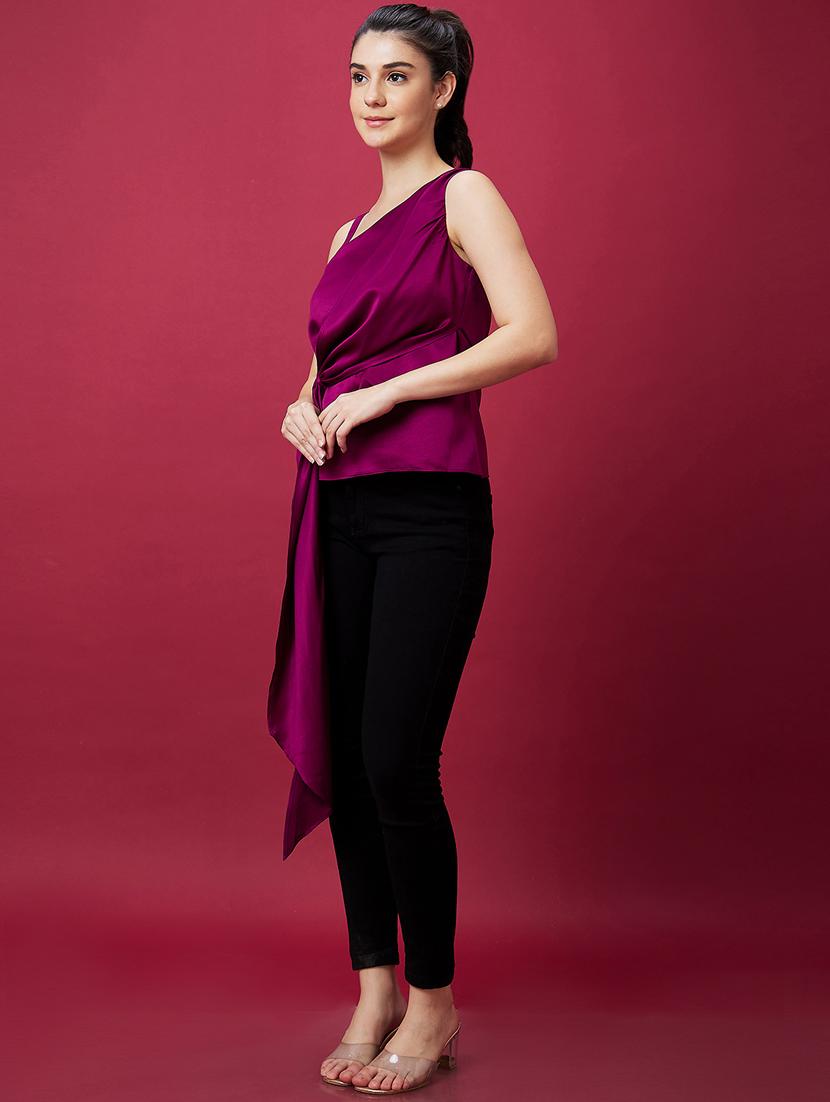 globus women wine strappy one shoulder waist tie-up party top - 21237879 -  Standard Image - 1