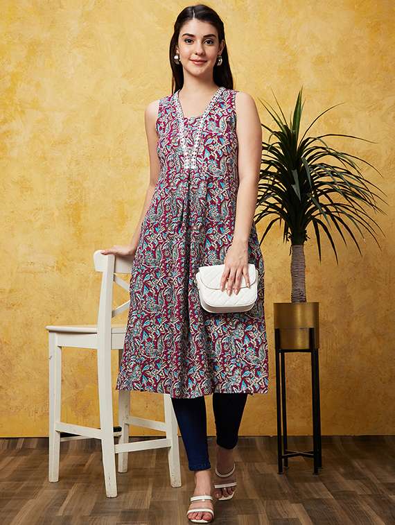 globus women wine allover ethnic motifs flared hem a-line calf length kurta - 21237919 - Zoom Image - 0