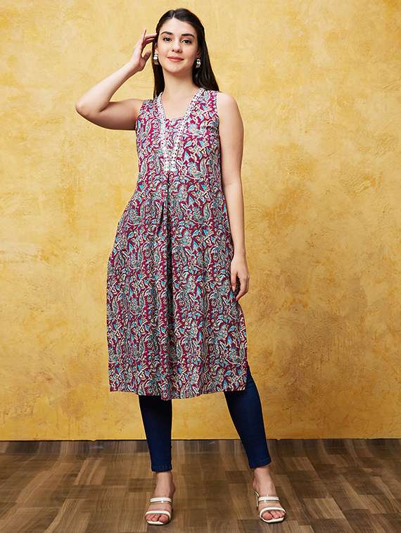 globus women wine allover ethnic motifs flared hem a-line calf length kurta - 21237919 - Standard Image - 1