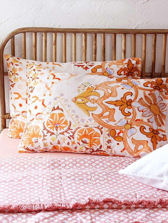 homprin ornate design orange & white 100% cotton satin printed set of 2 pillow covers 18 inch x 28 inch(46 x 69 cm)