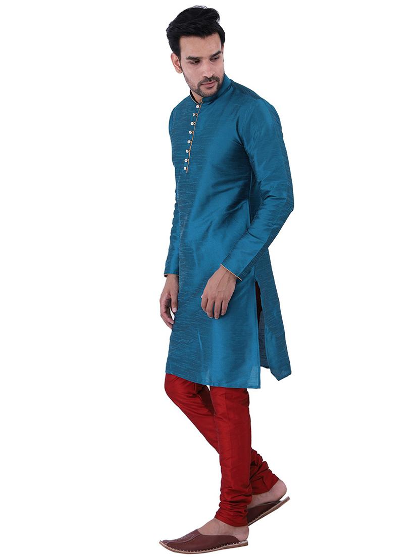 teal blue dupion kurta churidar ethnic wear set - 21238512 -  Standard Image - 1
