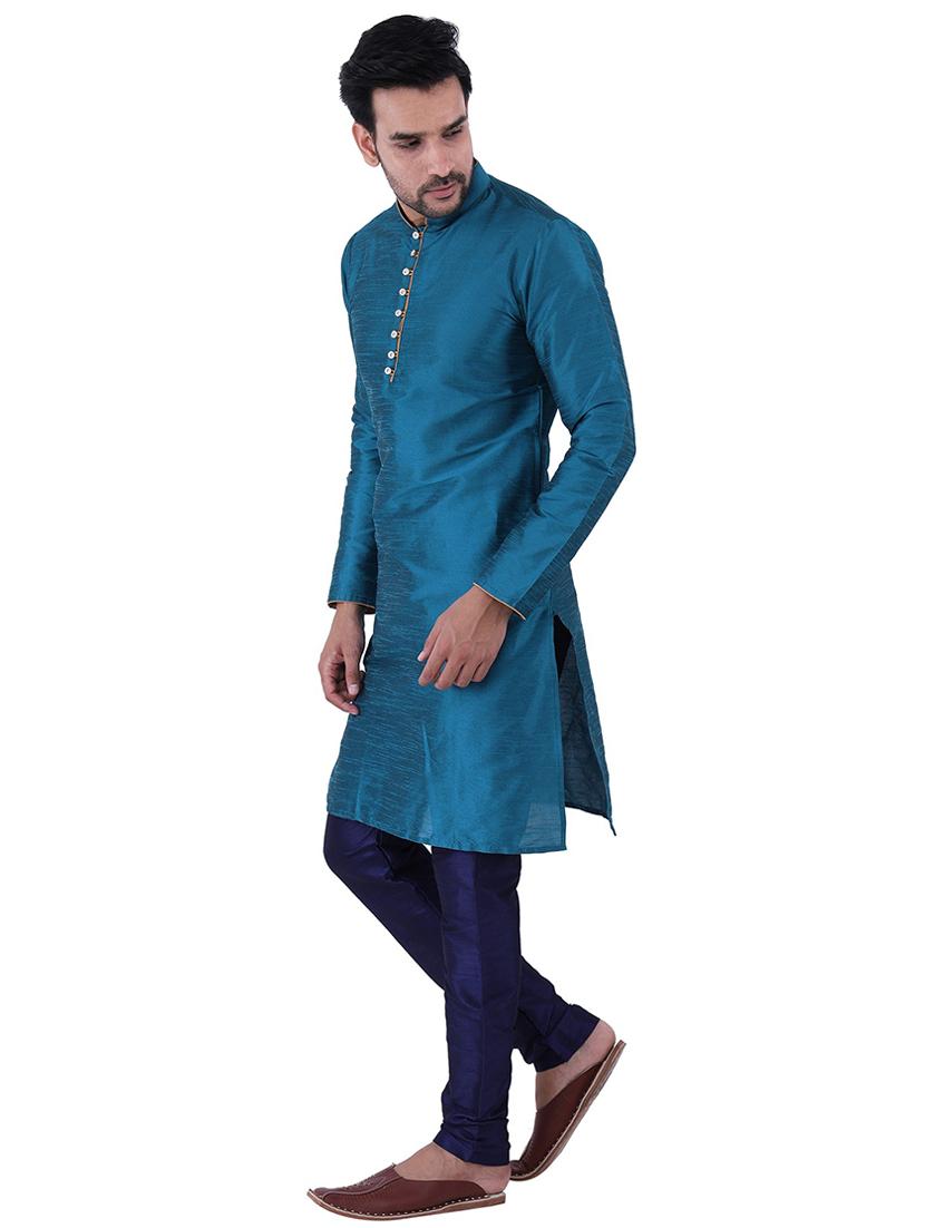 teal blue dupion kurta churidar ethnic wear set - 21238513 - Standard Image - 1