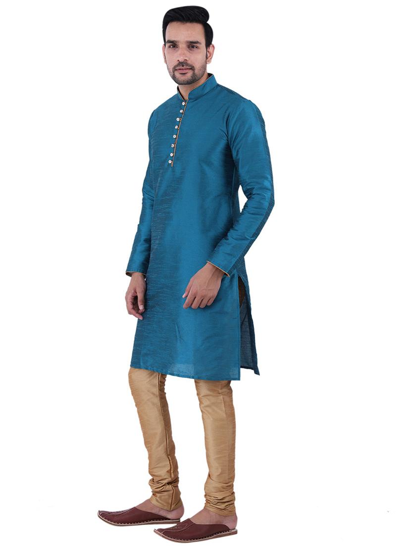 teal blue dupion kurta churidar ethnic wear set - 21238514 - Standard Image - 1