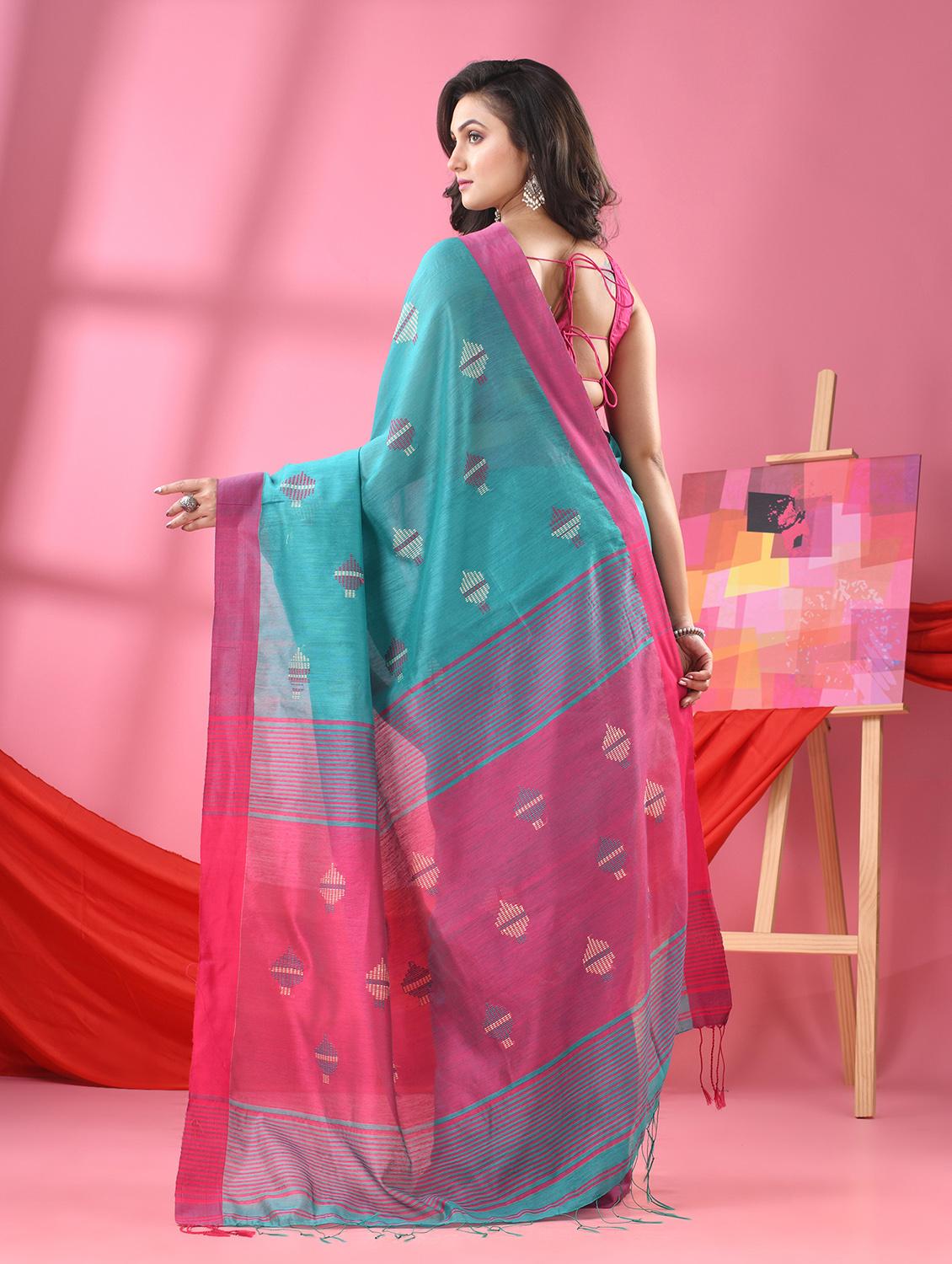 teal cotton blend handloom saree with blouse - 21240617 - Standard Image - 1