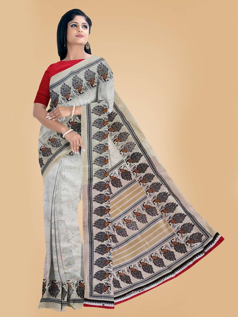 women grey printed bordered saree with blouse