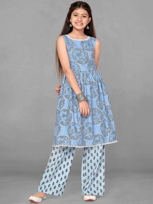 blue cotton blend kurta palazzo set  - 21242640 -  Standard Image - 0