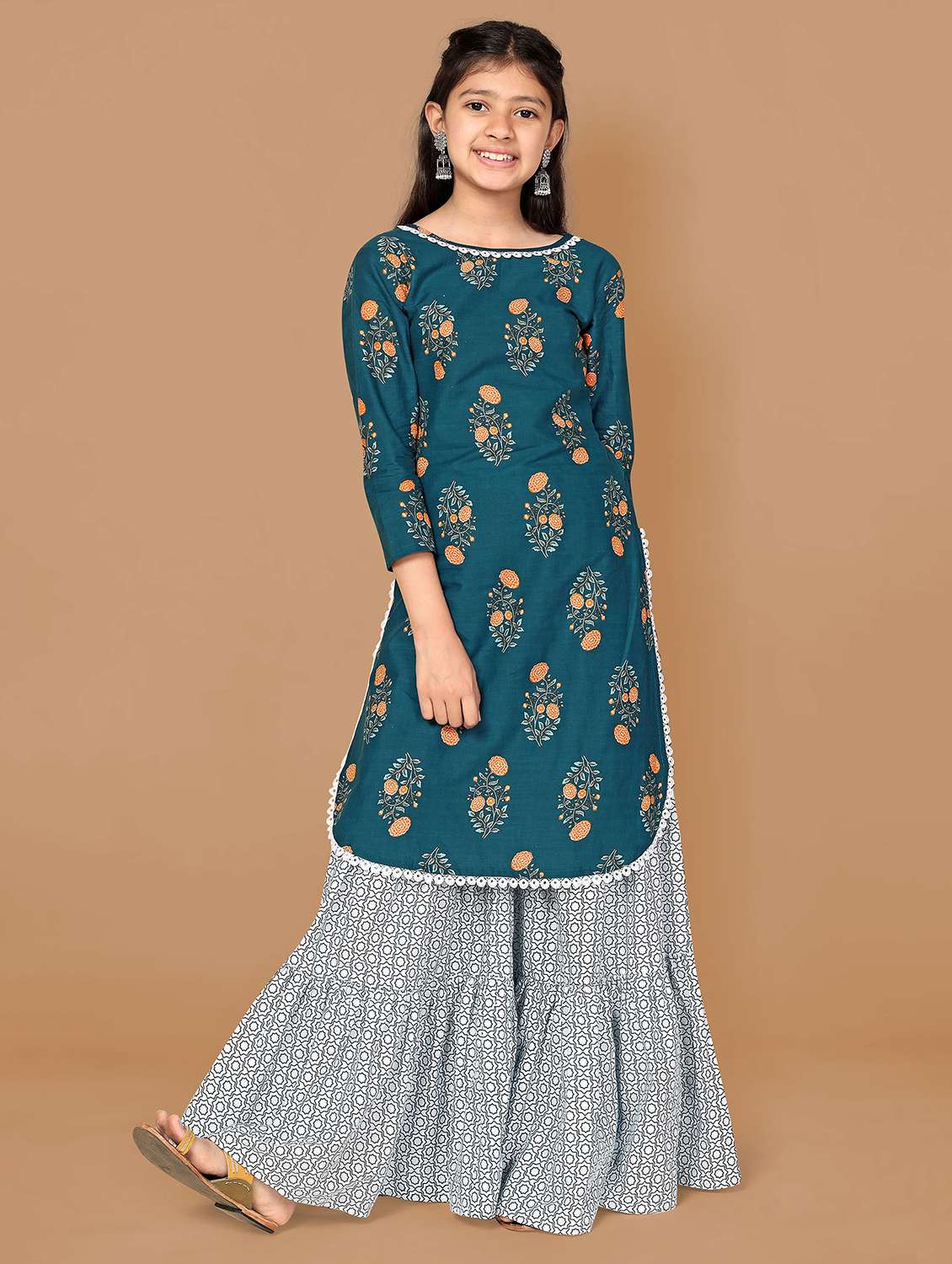 girls teal three quarter sleeve kurta sharara set
