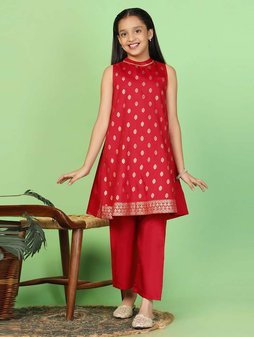red polyester kurta pant set 