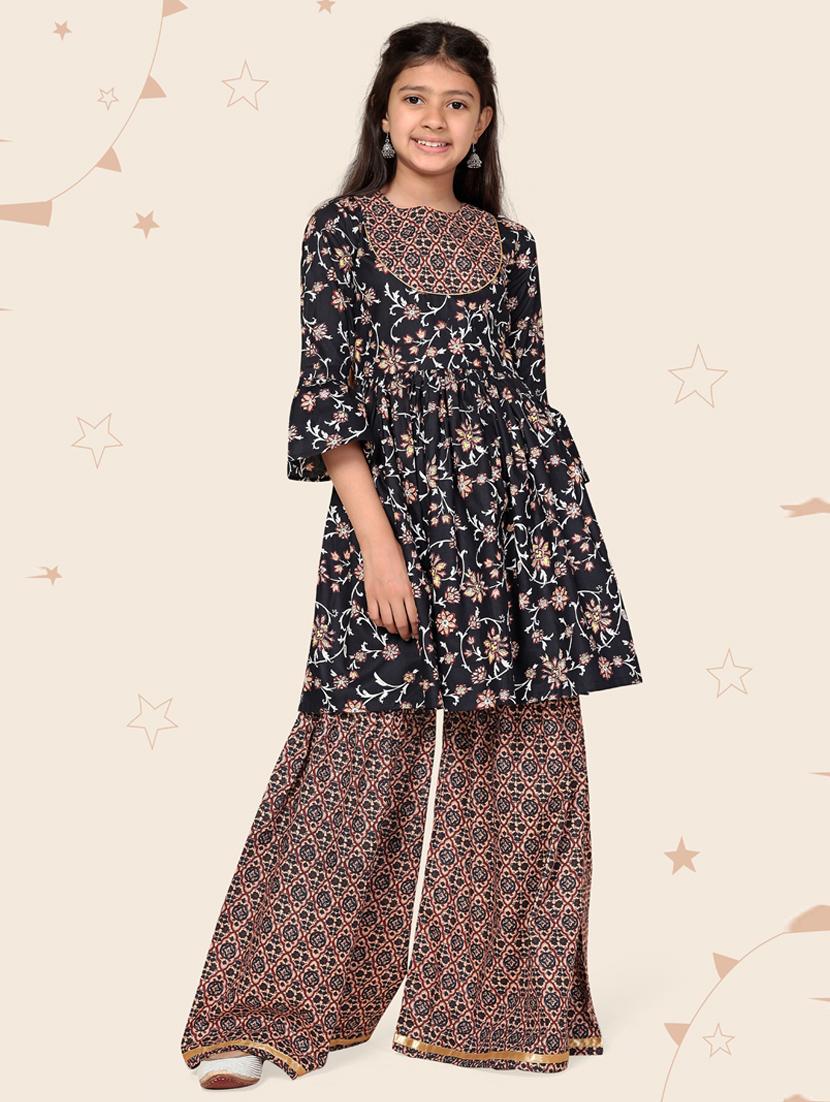 navy blue cotton blend kurta palazzo set - 21242754 - Standard Image - 1