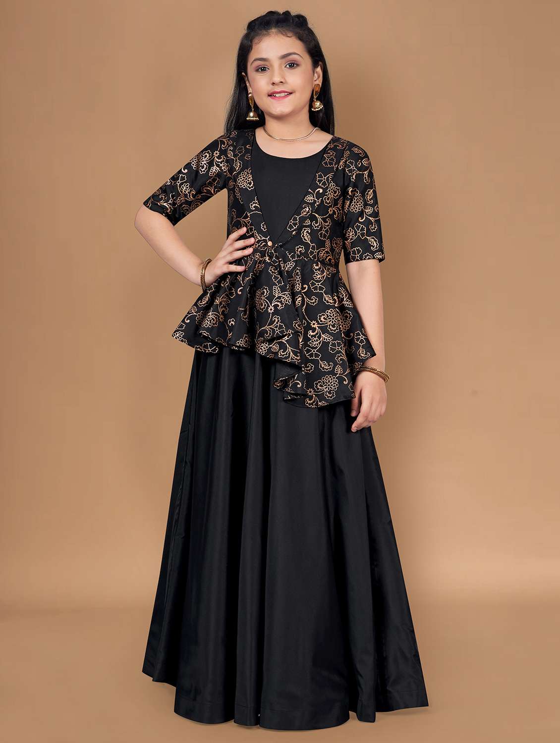 girls round neck printed party gown