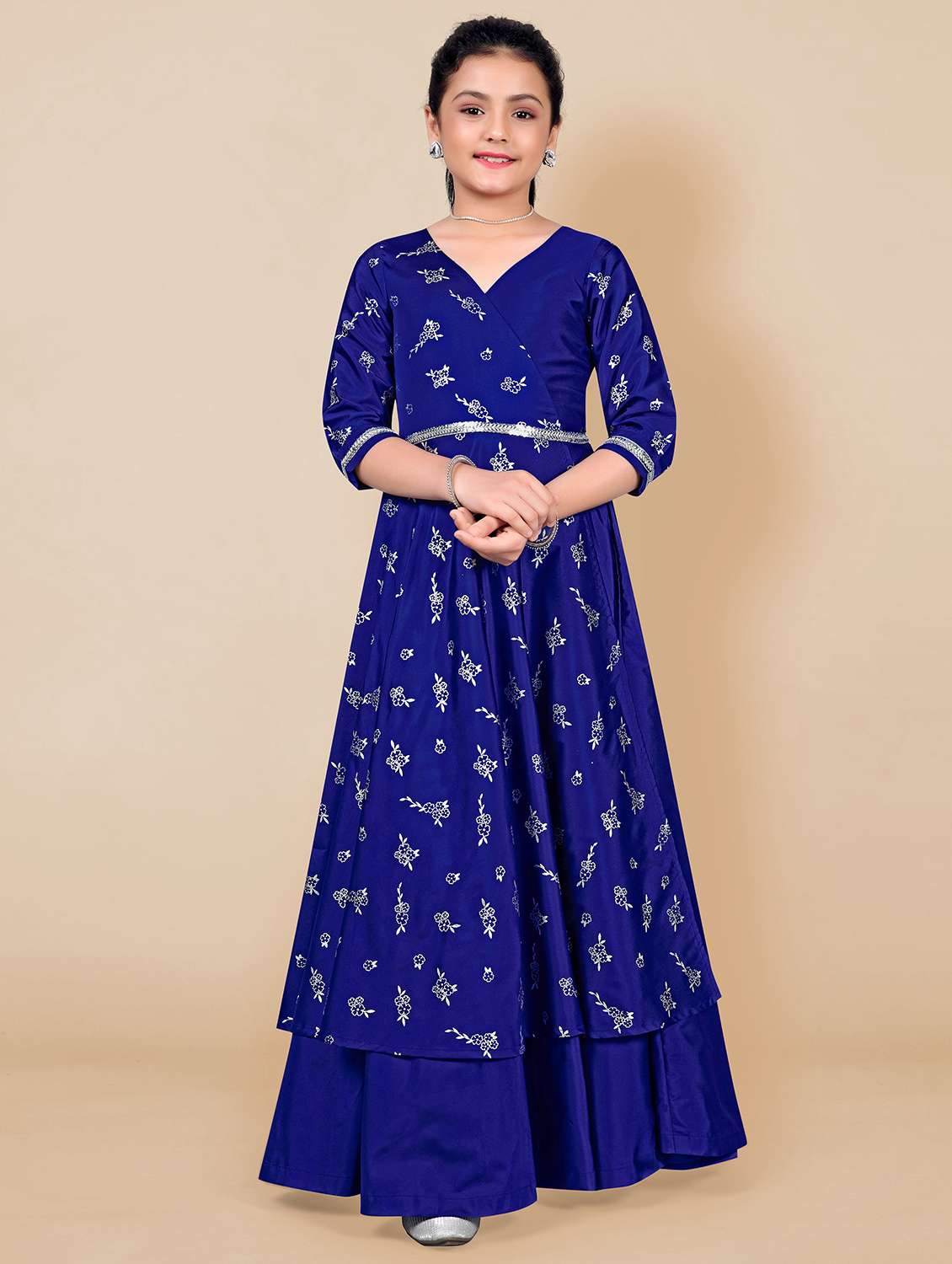 girls v neck printed party gown