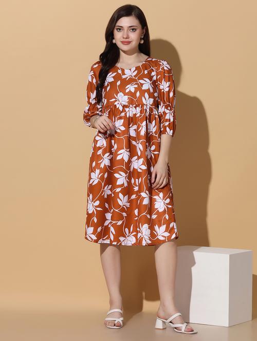brown floral printed a-line dress - 21243731 -  Standard Image - 0