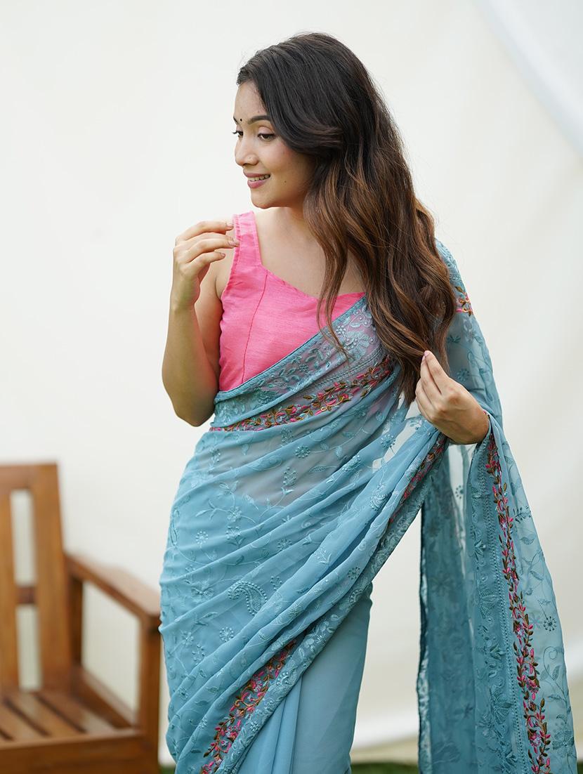 purist blue georgette embroidered saree - 21244513 - Standard Image - 1