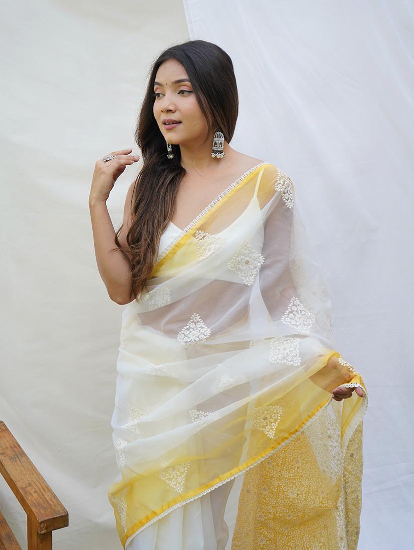 yellow organza embroidered saree - 21244516 - Standard Image - 1
