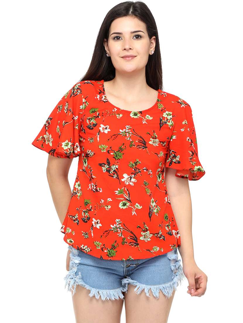 orange floral printed regular top