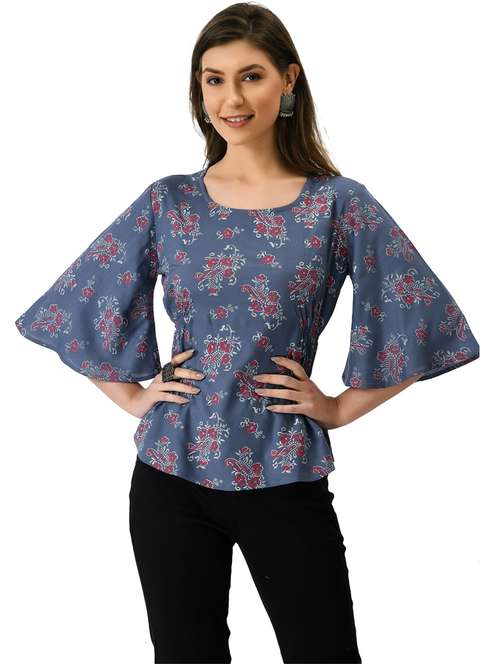 women blue floral printed regular top - 21244687 - Standard Image - 0