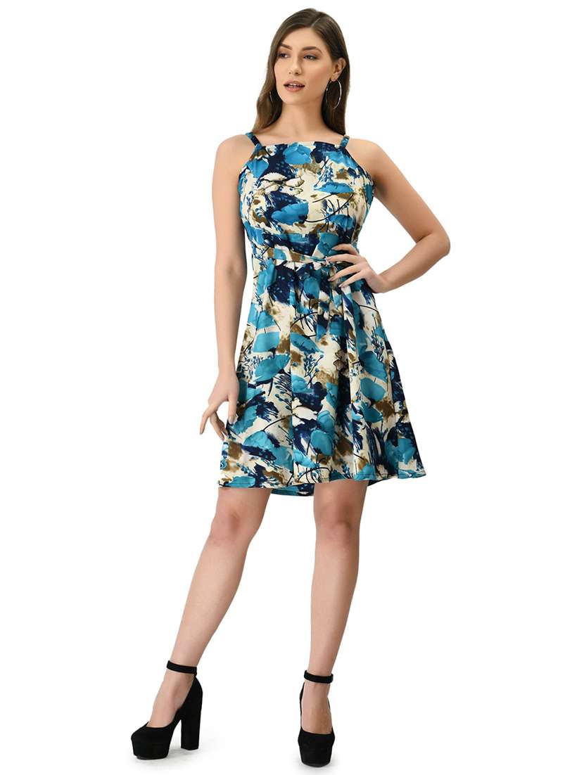 blue printed a-line dress