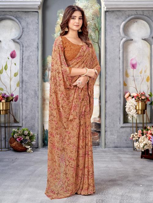 orange floral printed saree with blouse - 21245029 -  Standard Image - 0