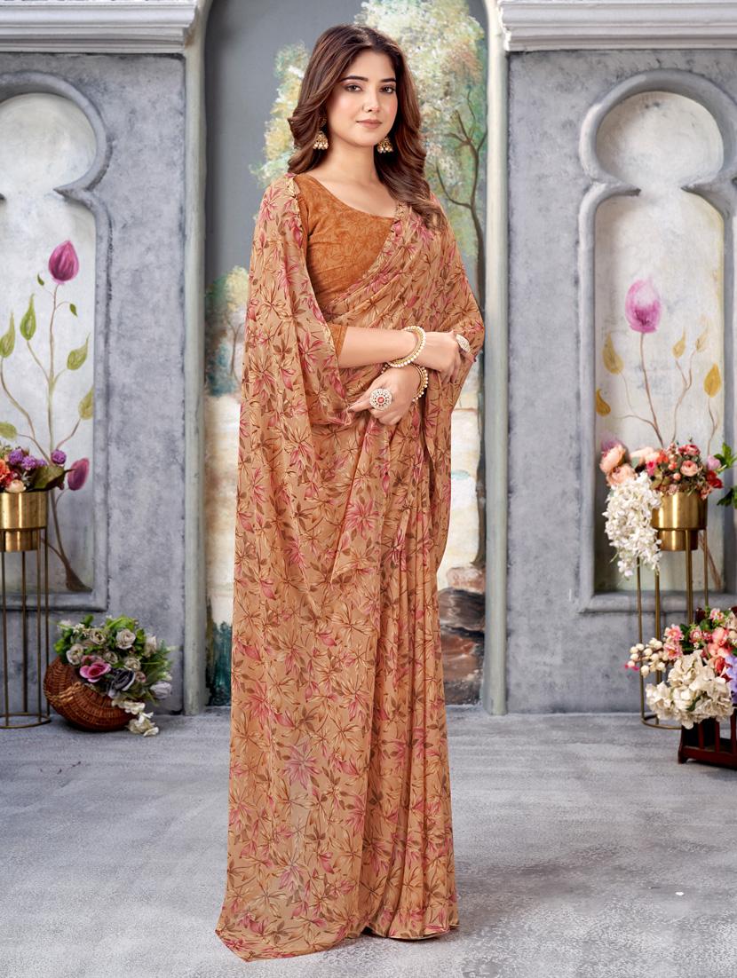 orange floral printed saree with blouse - 21245029 -  Zoom Image - 0