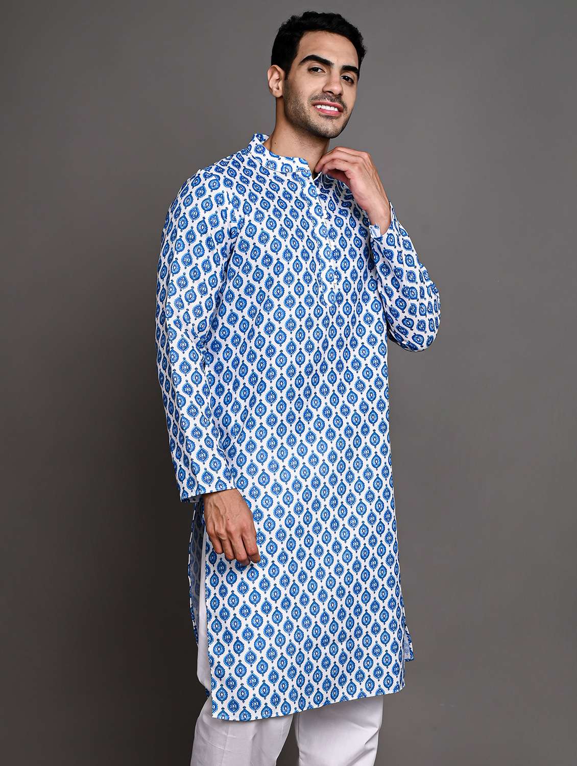 men mandarin neck printed long kurta - 21245120 -  Standard Image - 1