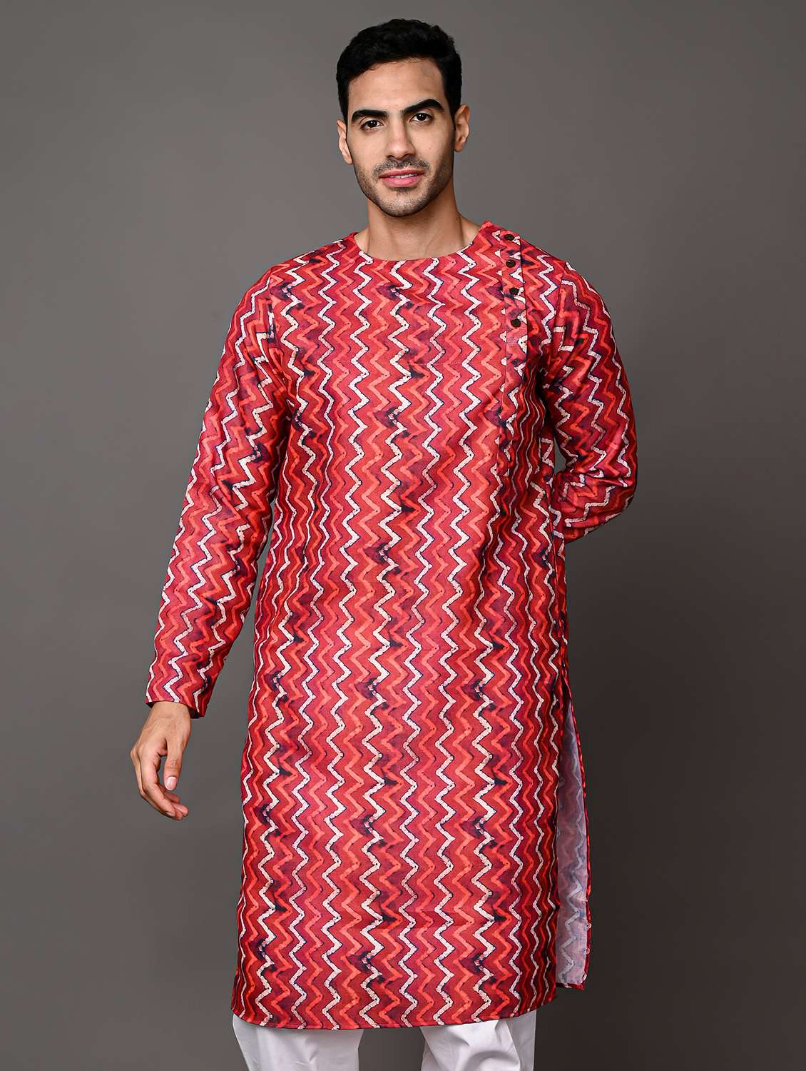 men overlap neck printed long kurta
