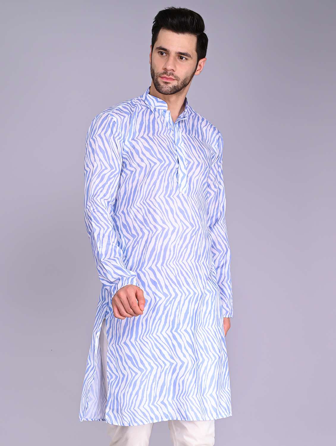 men mandarin neck printed long kurta