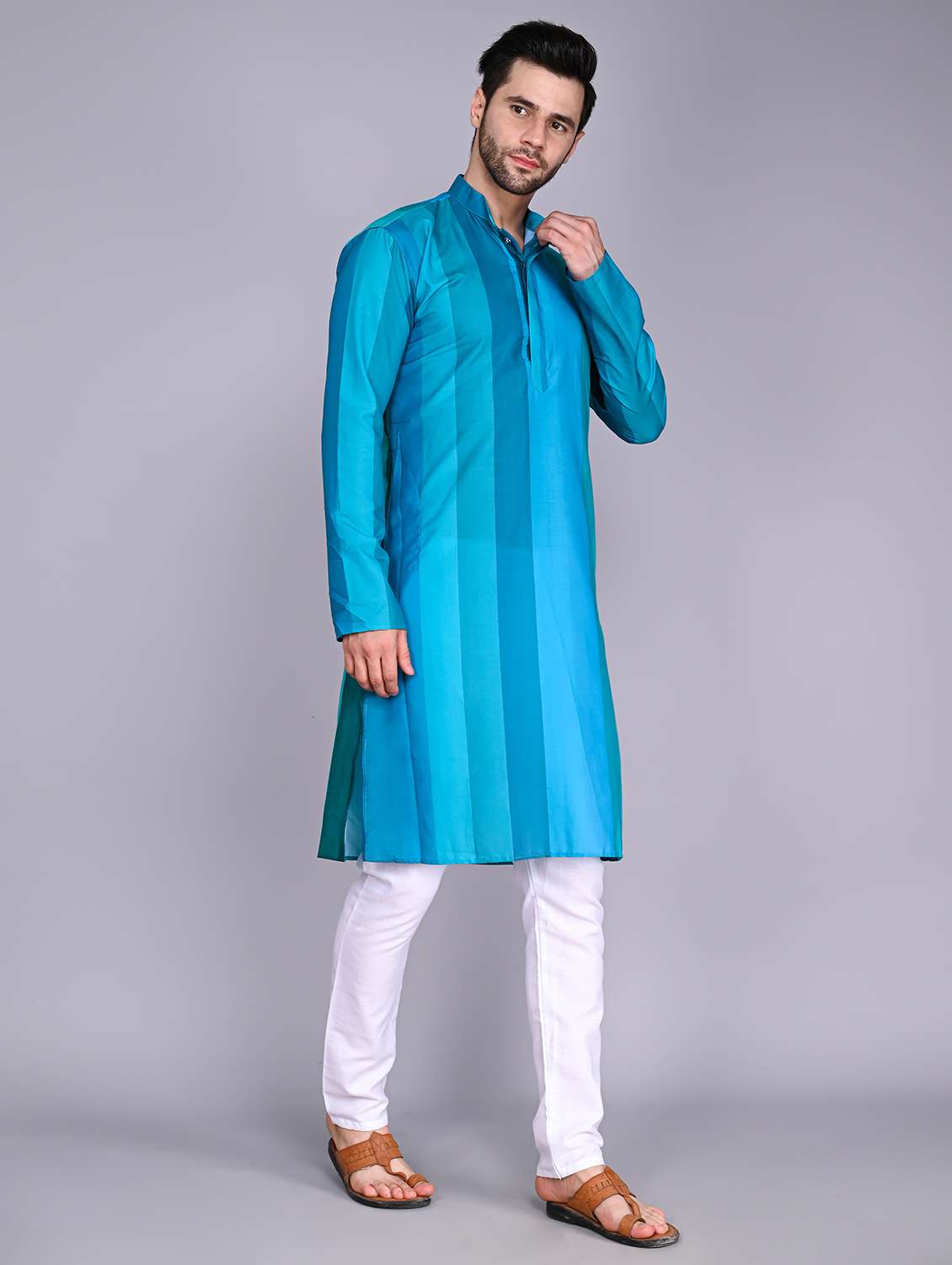 men mandarin neck striped long kurta - 21245128 -  Standard Image - 1