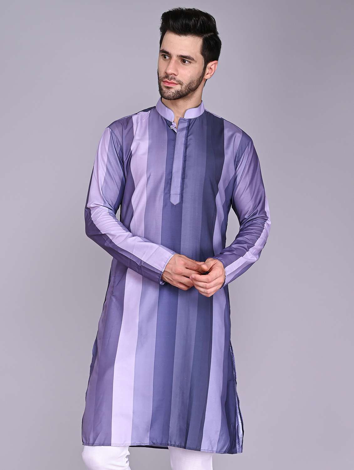 men mandarin neck striped long kurta