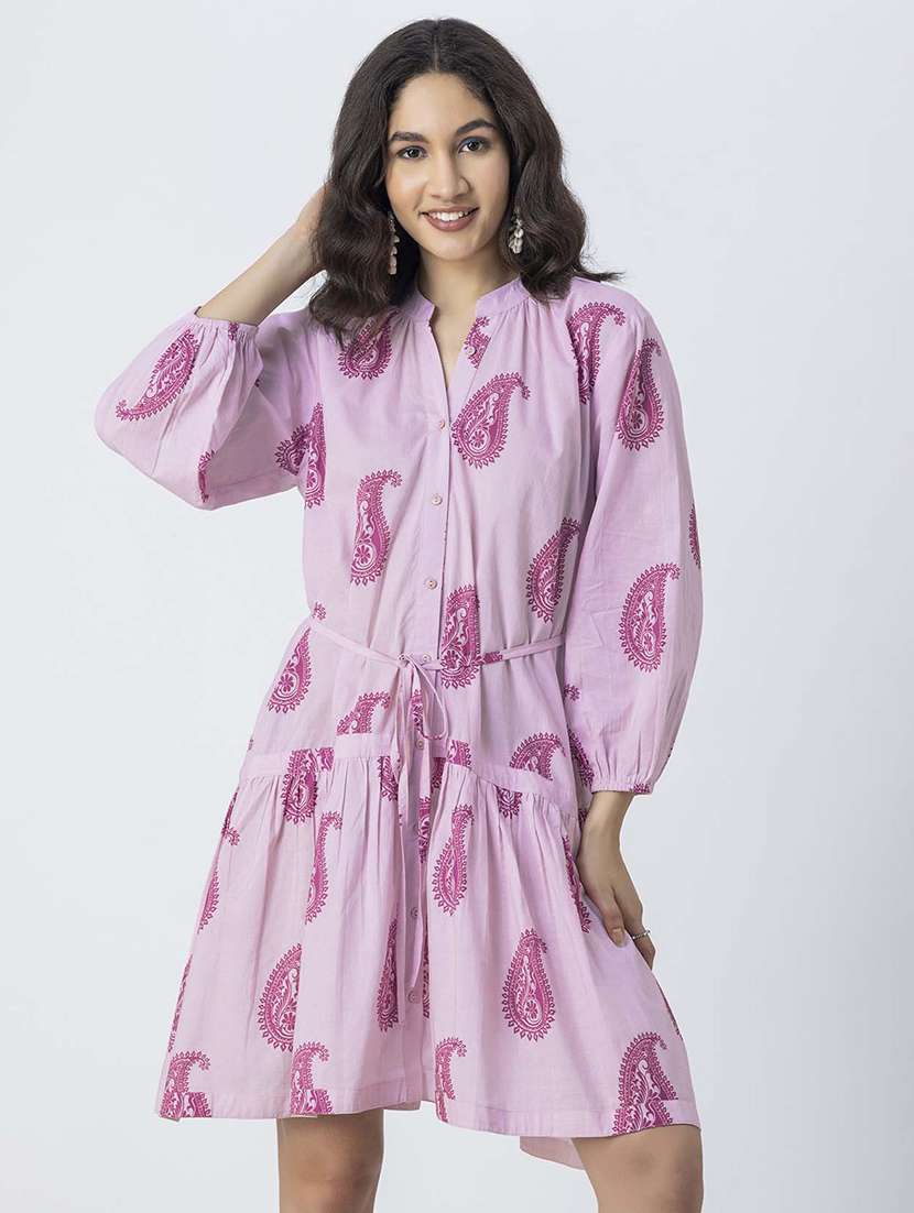 women printed mandrain neck dress
