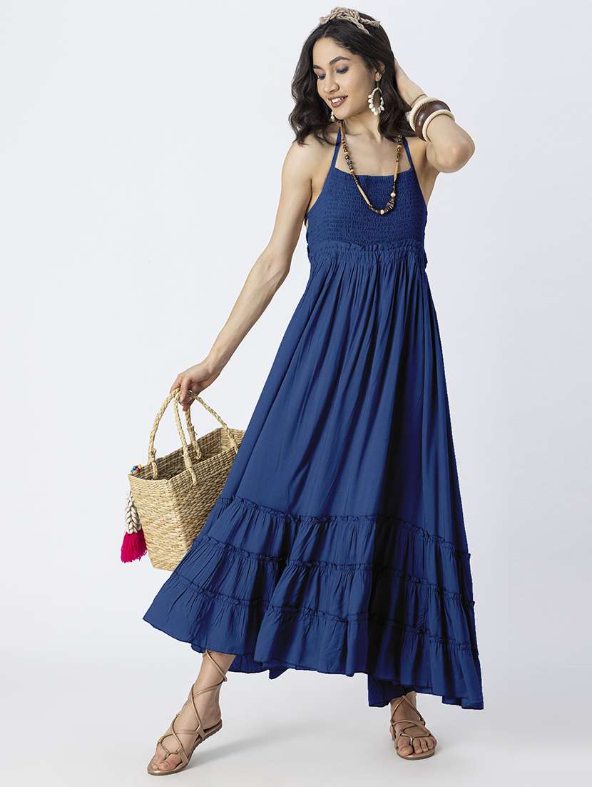 women solid backless tiered dress