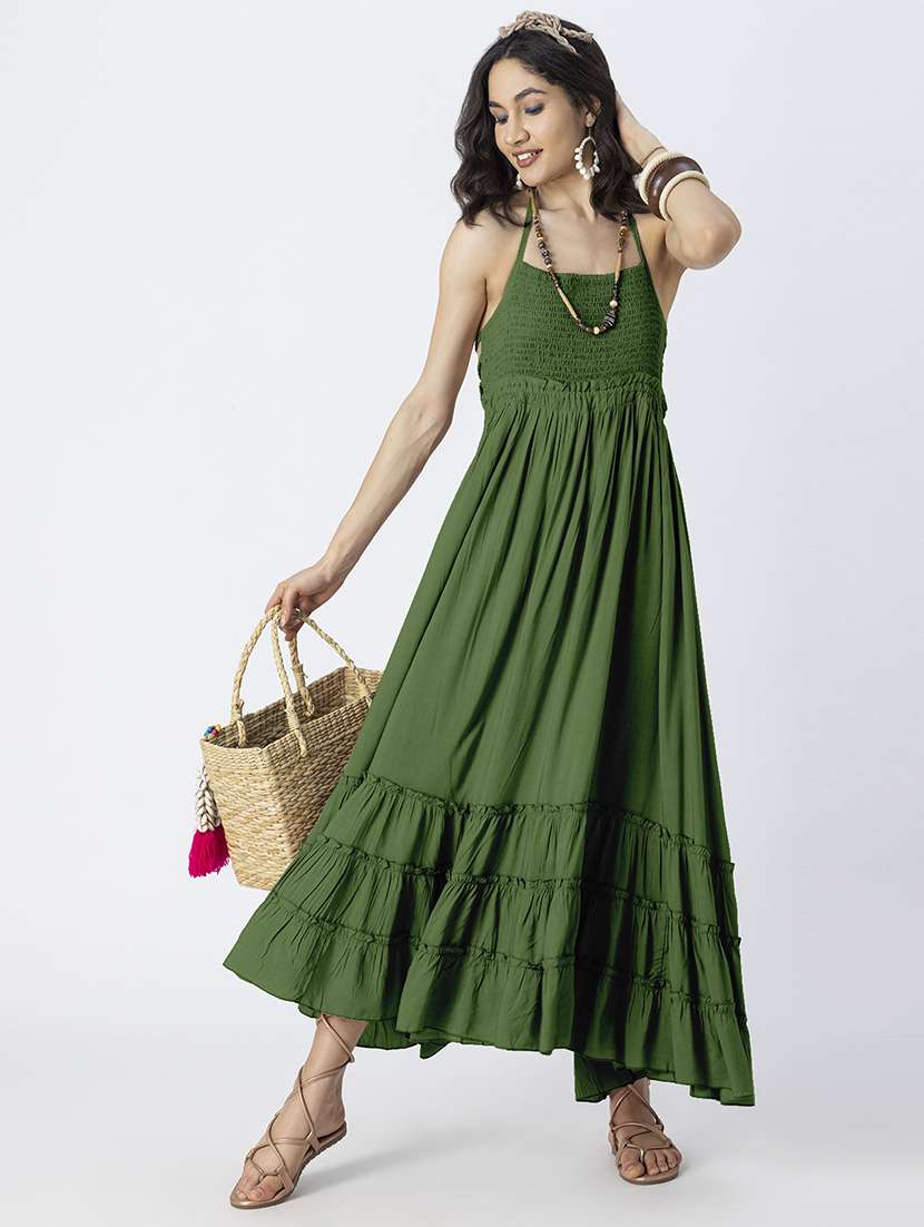 women solid backless tiered dress