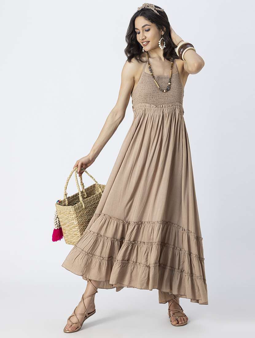 women solid backless tiered dress