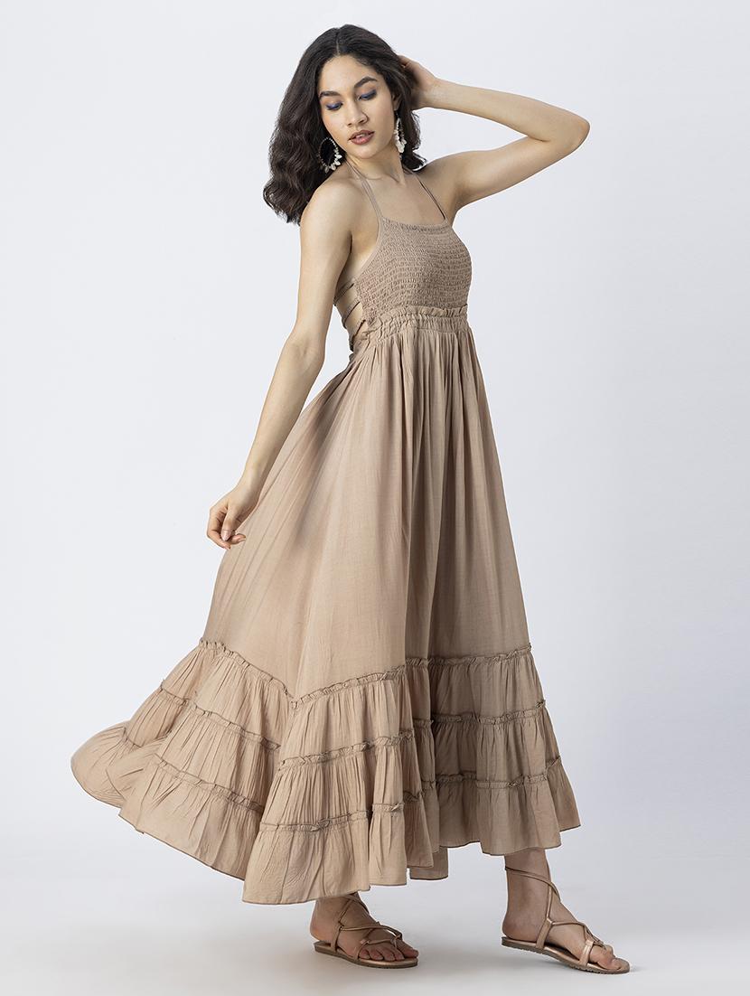 women solid backless tiered dress - 21246940 -  Standard Image - 1