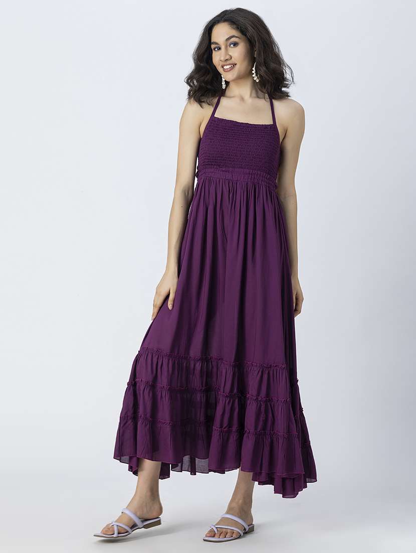 women solid backless tiered dress