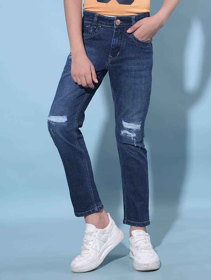 blue cotton blend distressed jean