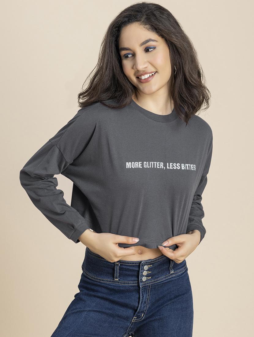 women printed round neck cropped t-shirt - 21247366 - Standard Image - 1