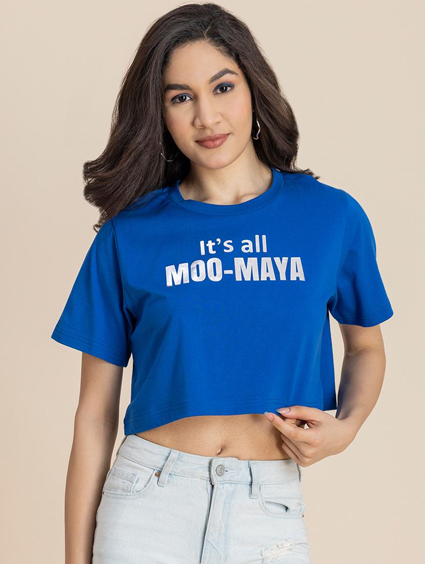women printed round neck cropped t-shirt