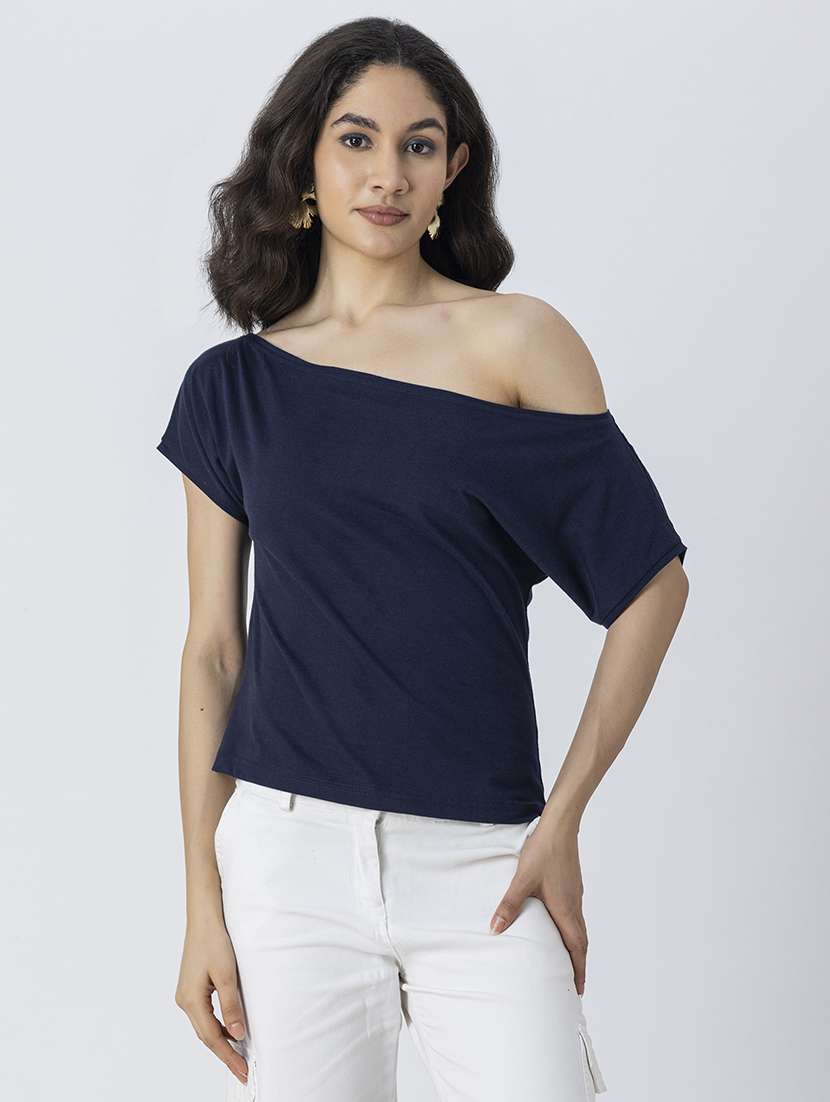navy blue cotton jersey regular top