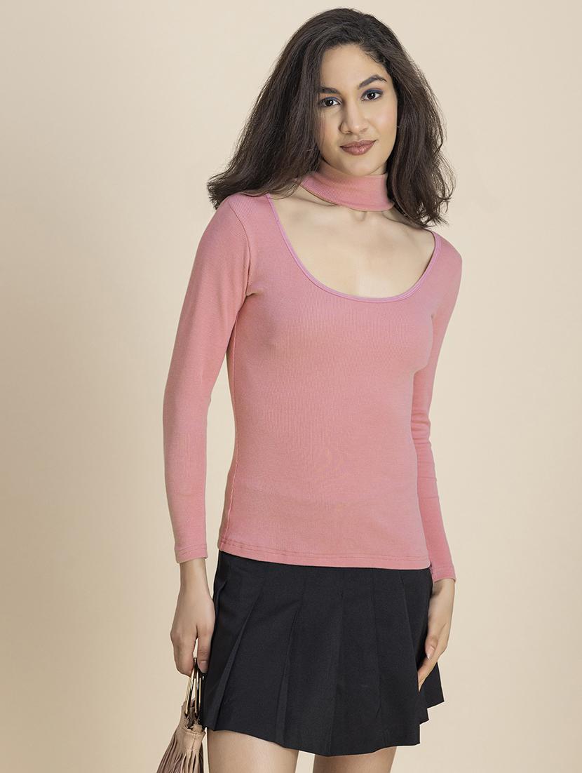 women solid long sleeves choker regular top - 21247402 - Zoom Image - 0
