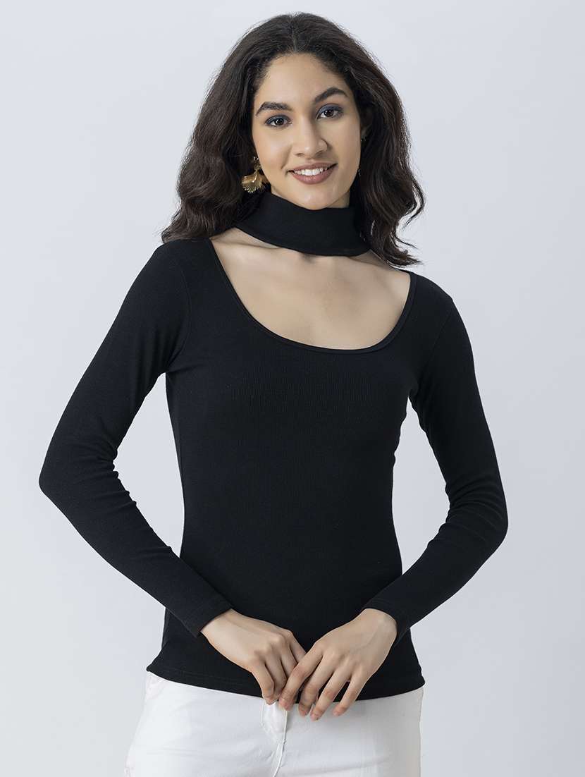 women solid long sleeves choker regular top - 21247403 - Zoom Image - 0