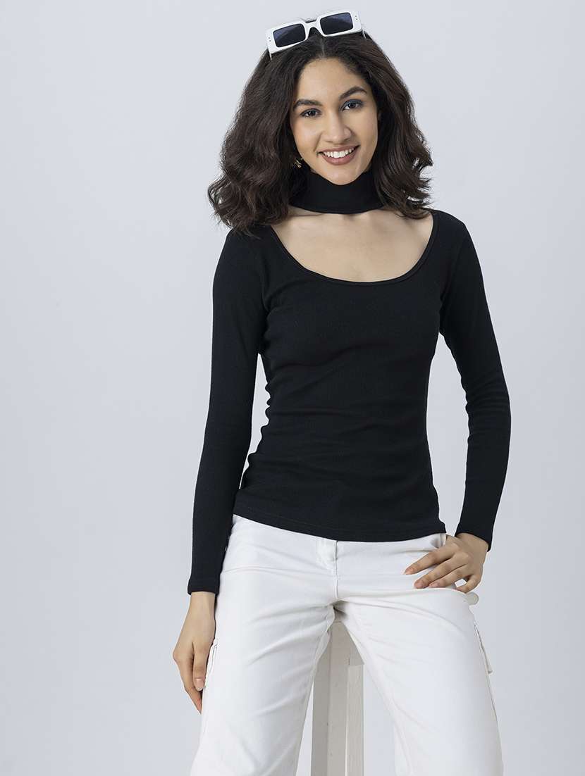 women solid long sleeves choker regular top - 21247403 - Standard Image - 1
