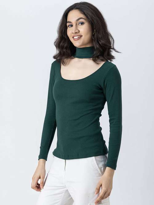 women solid long sleeves choker regular top - 21247404 - Standard Image - 0