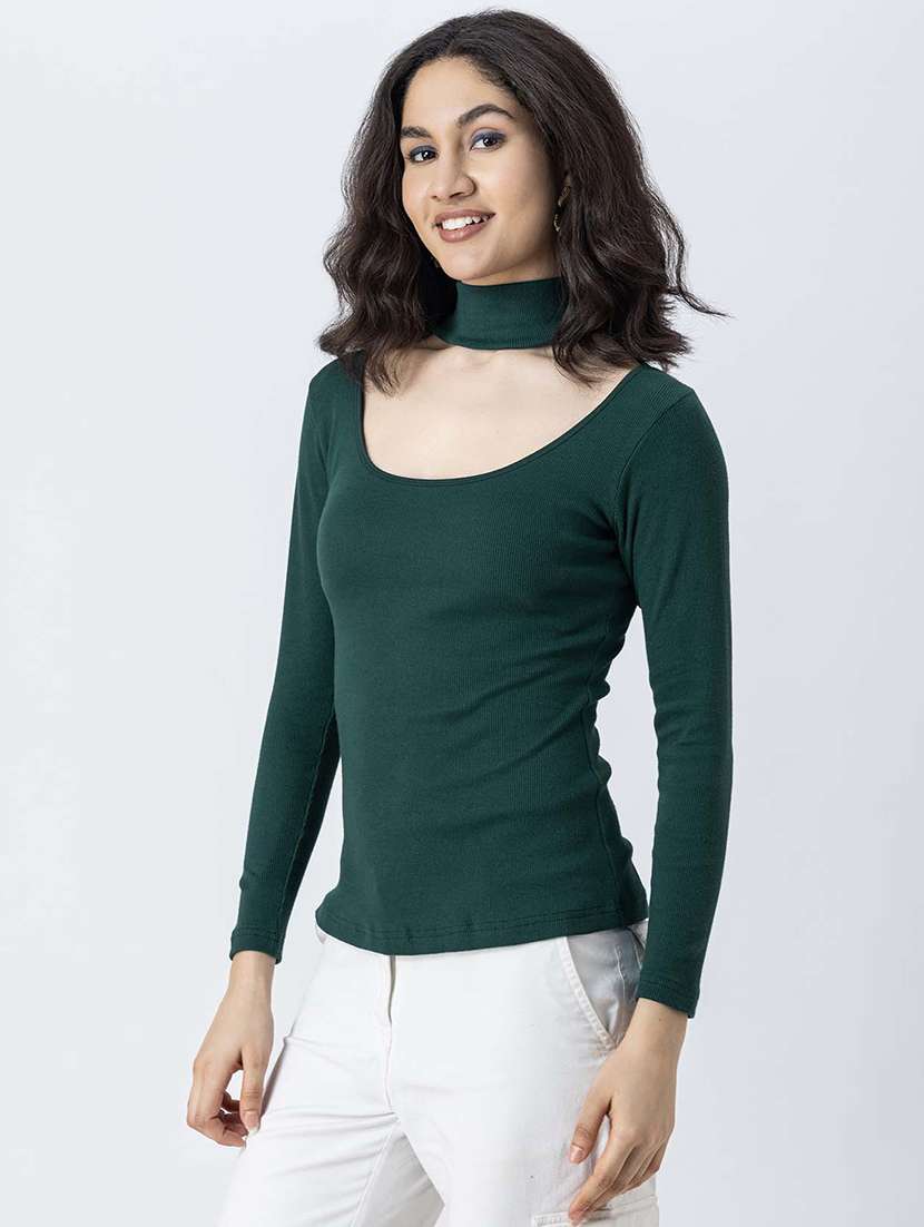 women solid long sleeves choker regular top - 21247404 - Zoom Image - 0