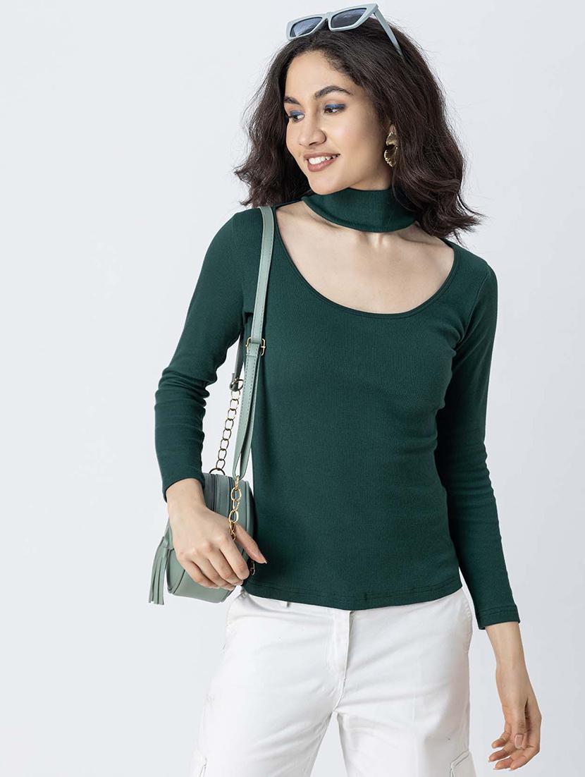 women solid long sleeves choker regular top - 21247404 - Standard Image - 4