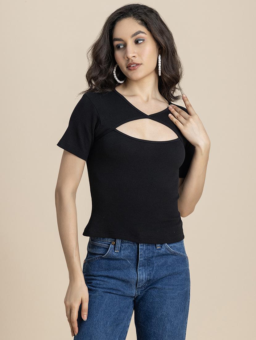 women solid v neck straight top - 21247406 - Standard Image - 1