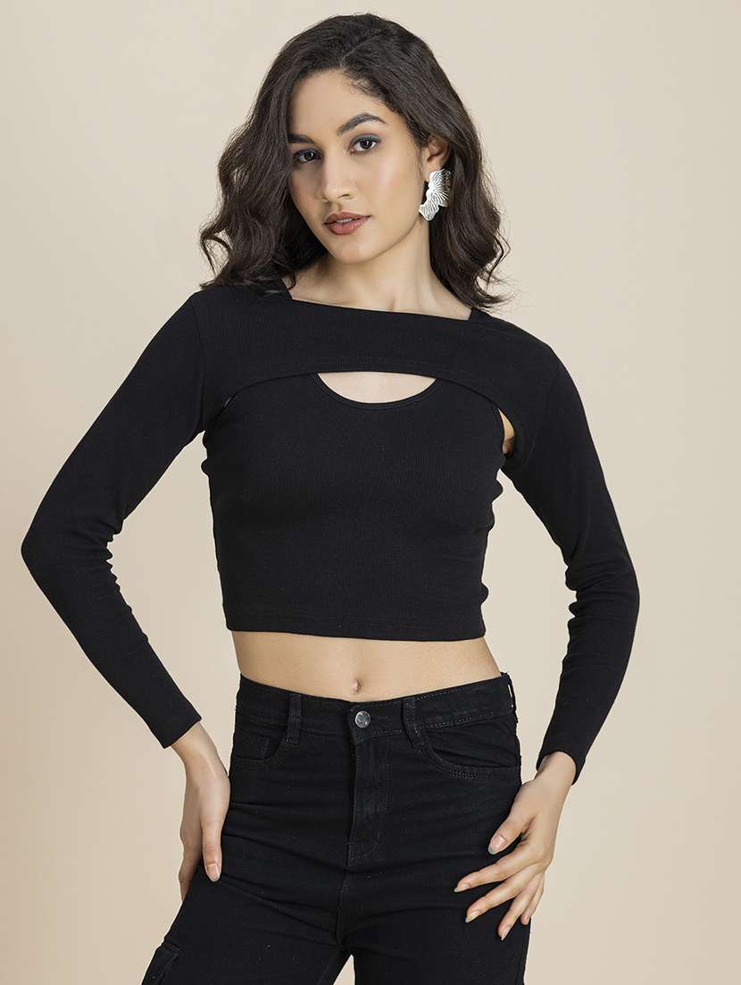 women solid long sleeves crop top