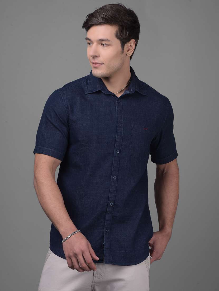 men navy blue slim fit solid short sleeve casual shirt