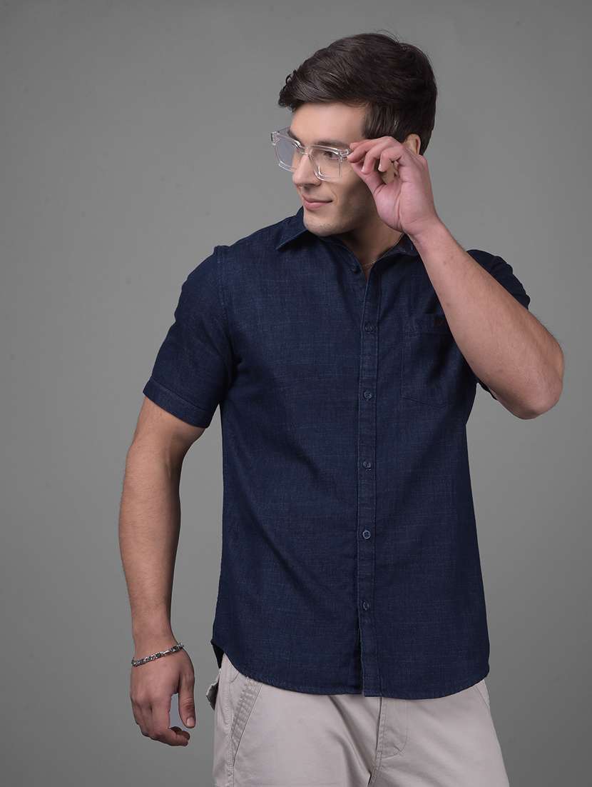 men navy blue slim fit solid short sleeve casual shirt - 21247534 -  Standard Image - 1