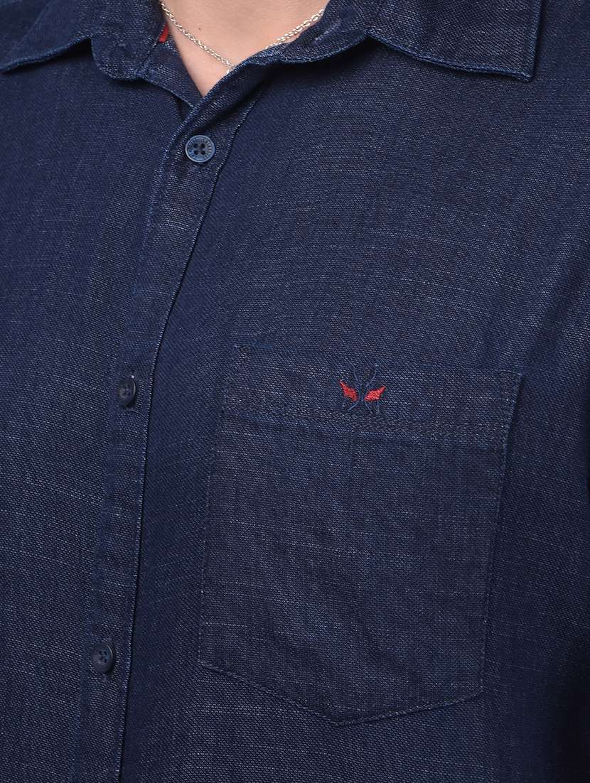 men navy blue slim fit solid short sleeve casual shirt - 21247534 -  Standard Image - 4